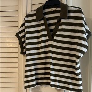Madewell Olive and White Striped Polo Knit Top